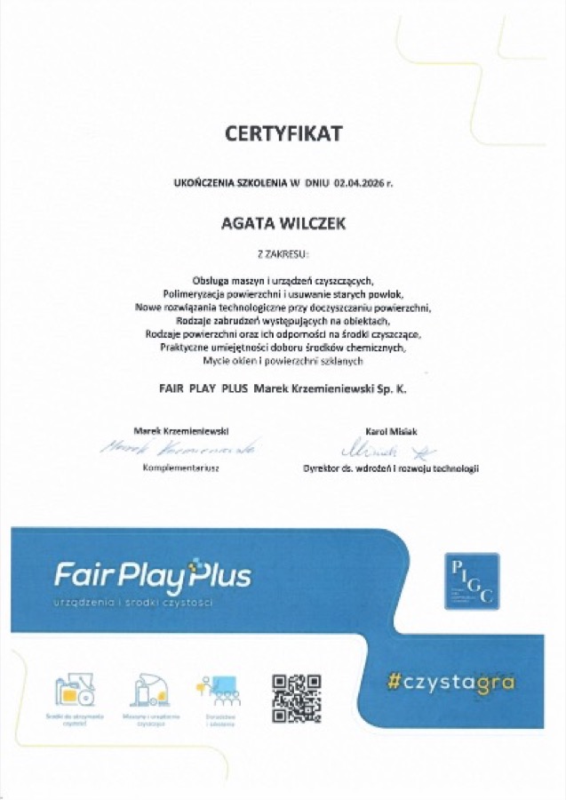 Certyfikat ukończenia szkolenia Agaty Wilczek